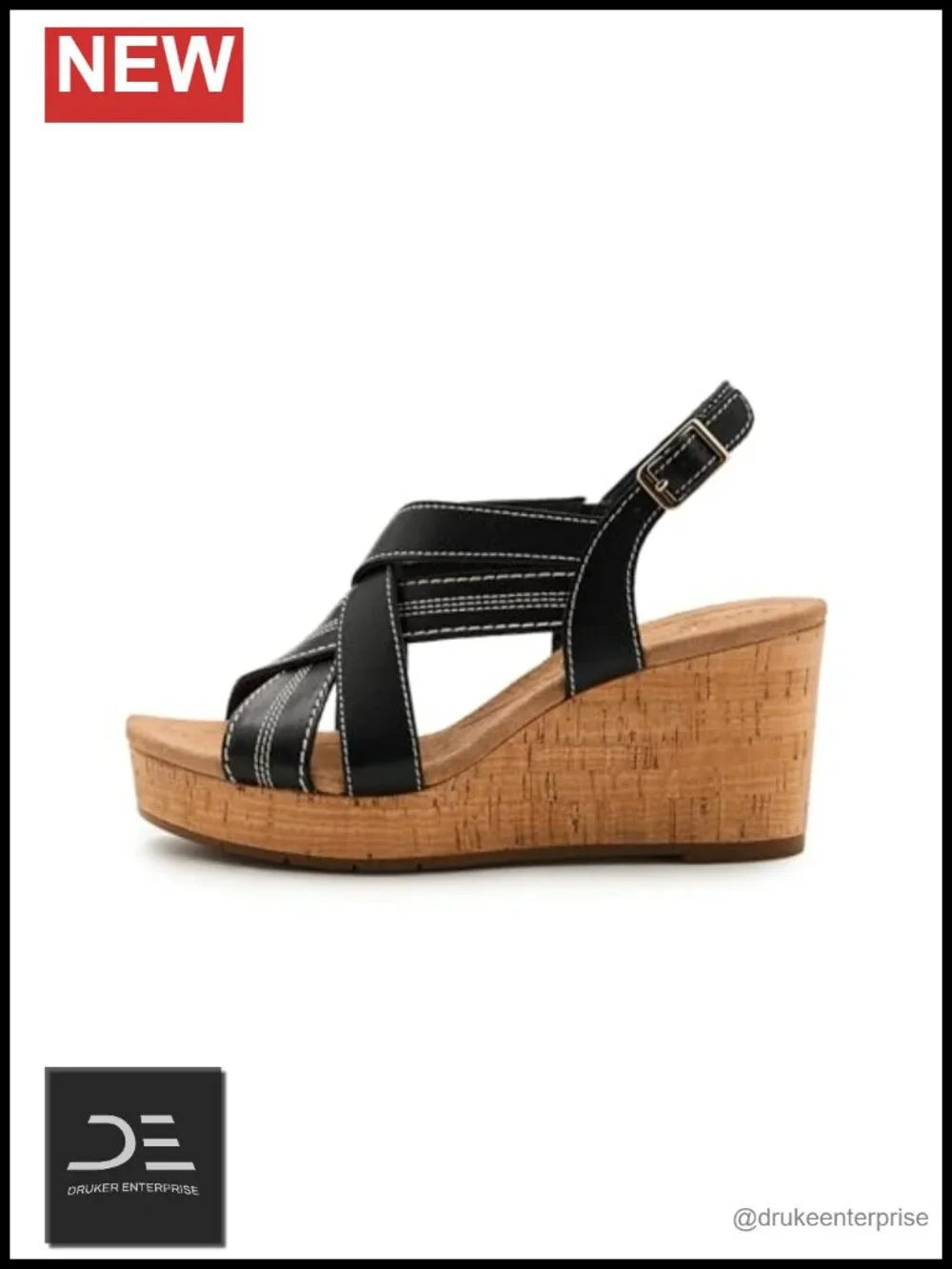 Clarks Sabina Sling Wedge Sandals Black Leather Adjustable Strap Women's